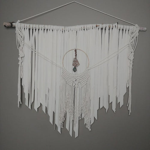 White Cactus Quartz Boho Macrame Wall Hanging